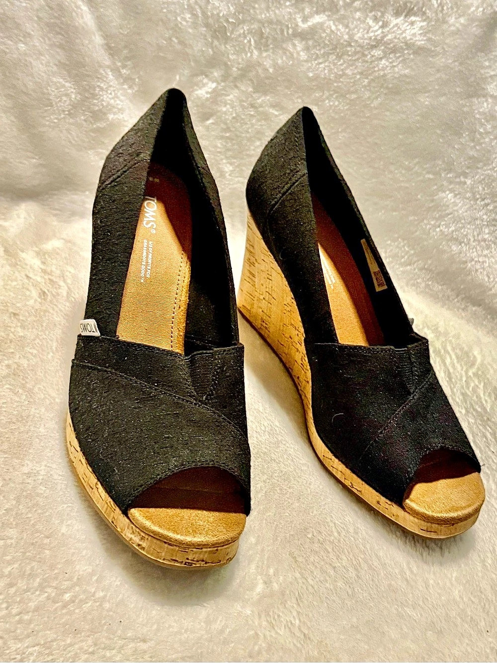 TOMS Black Canvas Peep Toe Wedge Sandals US 9.5